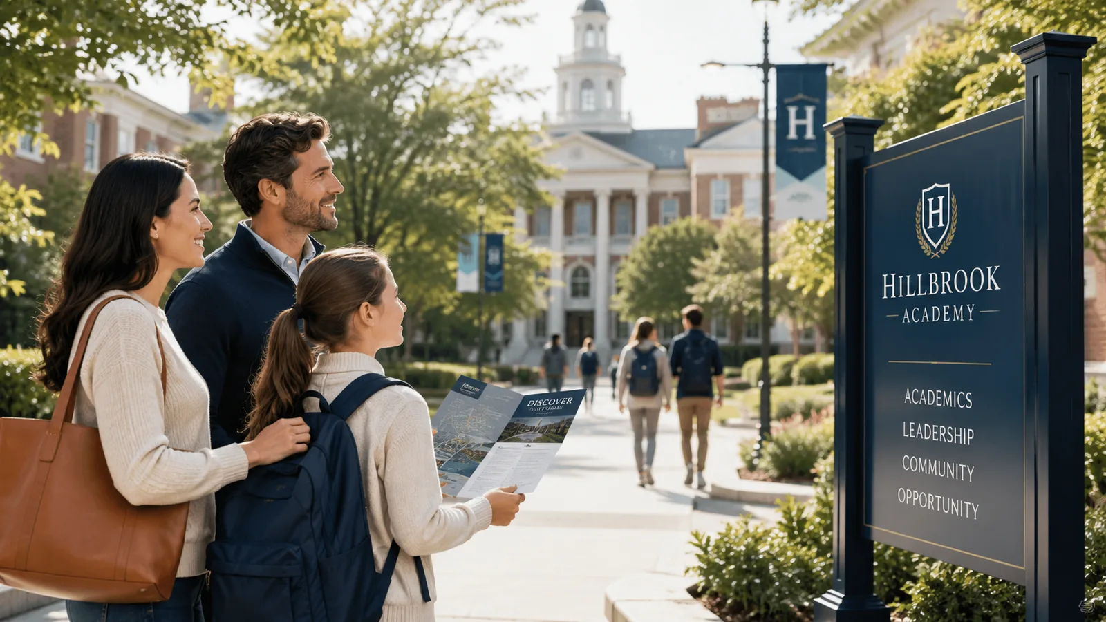 Family visiting a school campus
