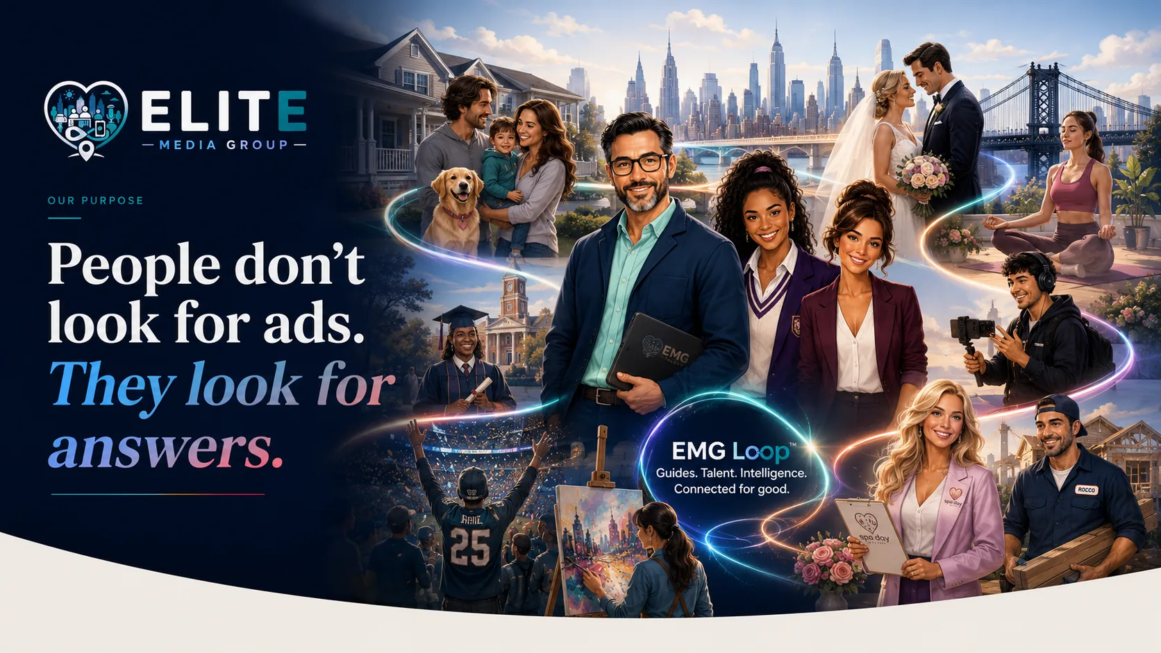 Elite Media Group hero visual showing connected media, creators, properties, and growth